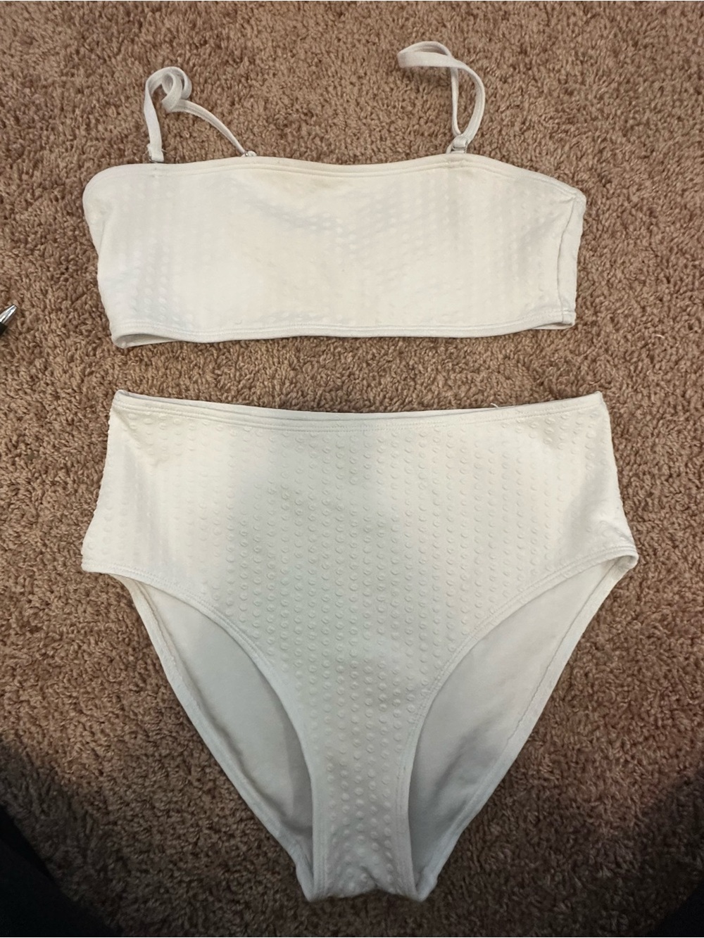 SHEIN White Textured Bandeau Bikini Set with Removable Straps